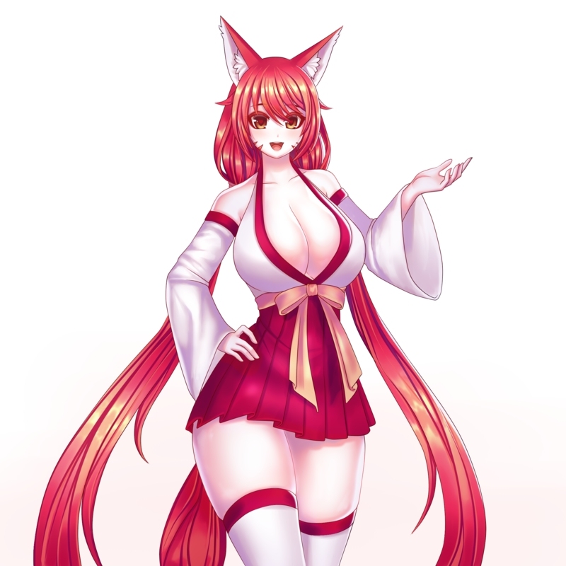 1girl, animal_ears, blush, breasts, brown_eyes, fox_ears, japanese_clothes, jtaro, large_breasts, legs, long_hair, looking_at_viewer, markings, miho_(talesrunner), pointy_ears, red_hair, ribbon, simple_background, skirt, smile, tail, talesrunner, white_background