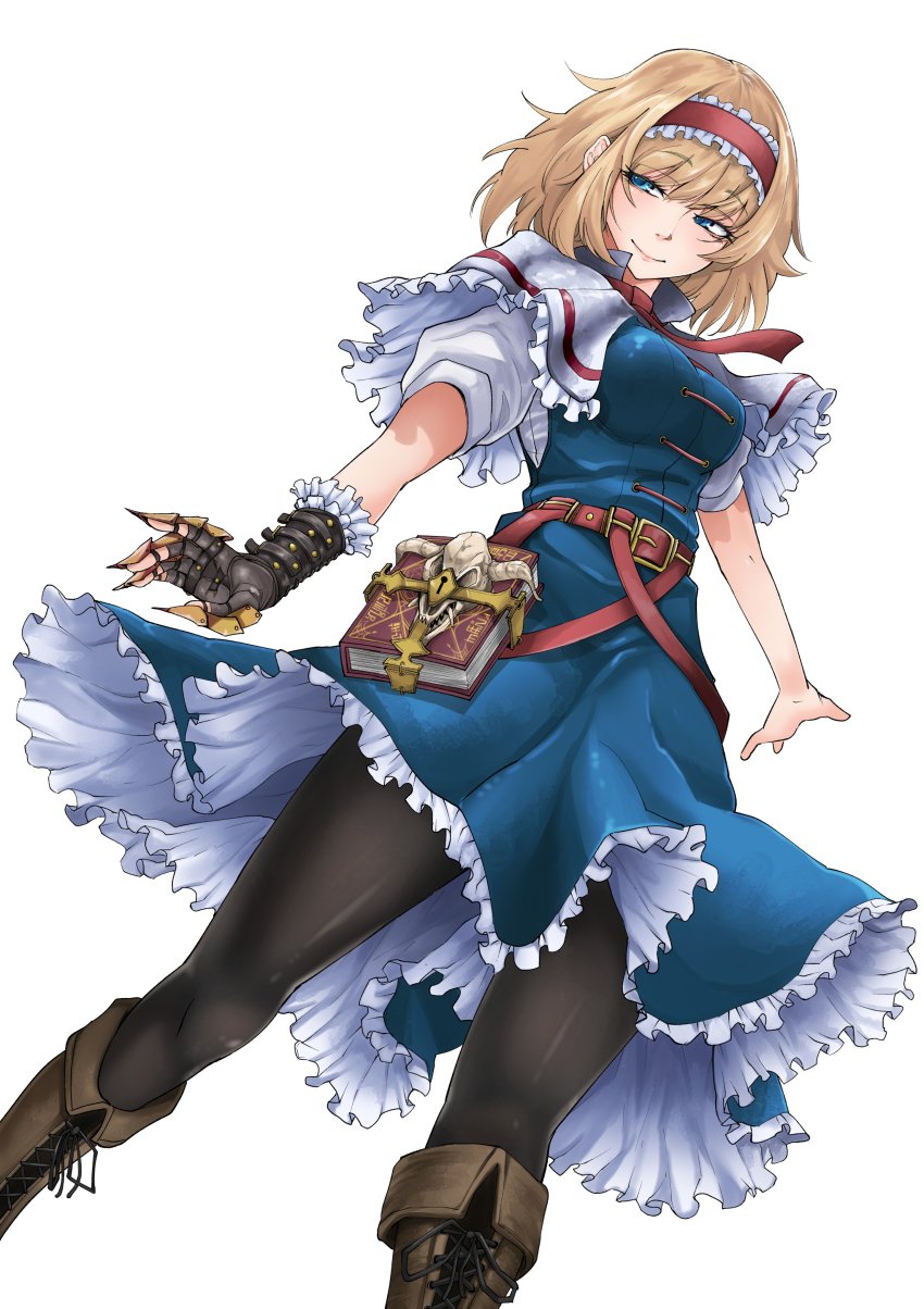 1girl, absurdres, alice_margatroid, belt, black_pantyhose, blonde_hair, blue_dress, blue_eyes, book, boots, breasts, brown_boots, capelet, claws, closed_mouth, dress, dutch_angle, eyelashes, female_focus, gloves, grimoire_of_alice, hairband, half-closed_eyes, highres, lace-up_boots, light_smile, medium_breasts, omigawa_namari, outstretched_arms, pantyhose, red_belt, red_hairband, shirt, short_dress, short_sleeves, simple_background, single_glove, solo, standing, thighs, touhou, white_background, white_capelet, white_shirt