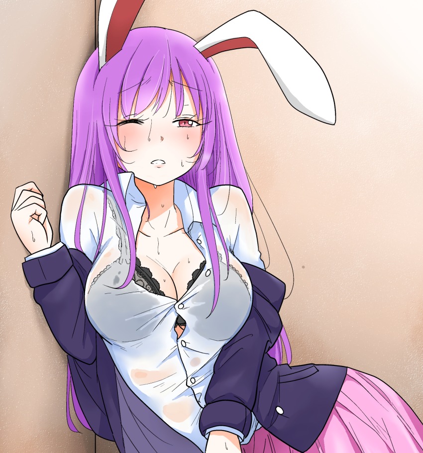 1girl, animal_ears, beige_background, black_bra, blazer, bra, breasts, buttons