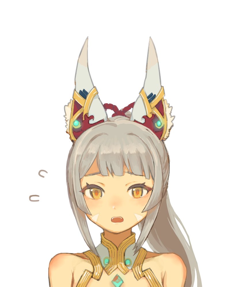 1girl, alternate_hairstyle, animal_ears, blush, cat_ears, female_focus, lobsterbaby99, long_hair, looking_at_viewer, nia_(blade)_(xenoblade), nia_(xenoblade), nintendo, niyah, ponytail, simple_background, solo, spoilers, white_background, xenoblade_chronicles_(series), xenoblade_chronicles_2, yellow_eyes