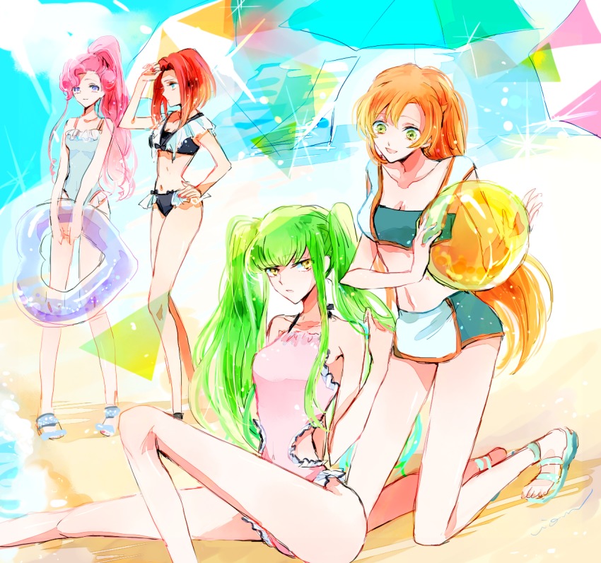 4girls, alternate_costume, alternate_hairstyle, bare_arms, bare_legs, bare_shoulders, beach, bikini