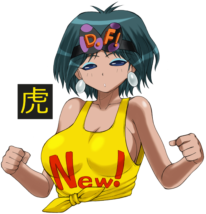 !, 1girl, avogadora, bishoujo_senshi_sailor_moon, bishoujo_senshi_sailor_moon_r, blue_eyes, blue_hair, breasts, cleavage, dark-skinned_female, dark_skin, earrings, female_focus, gorigori222, headband, jewelry, open_mouth, solo, white_background