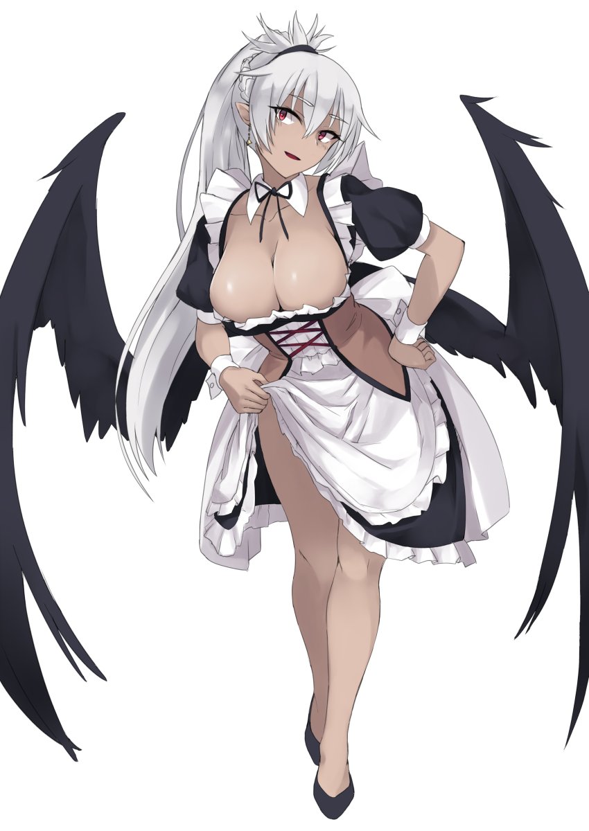1girl, absurdres, apron, apron_lift, black_ribbon, black_shoes, black_skirt, black_wings
