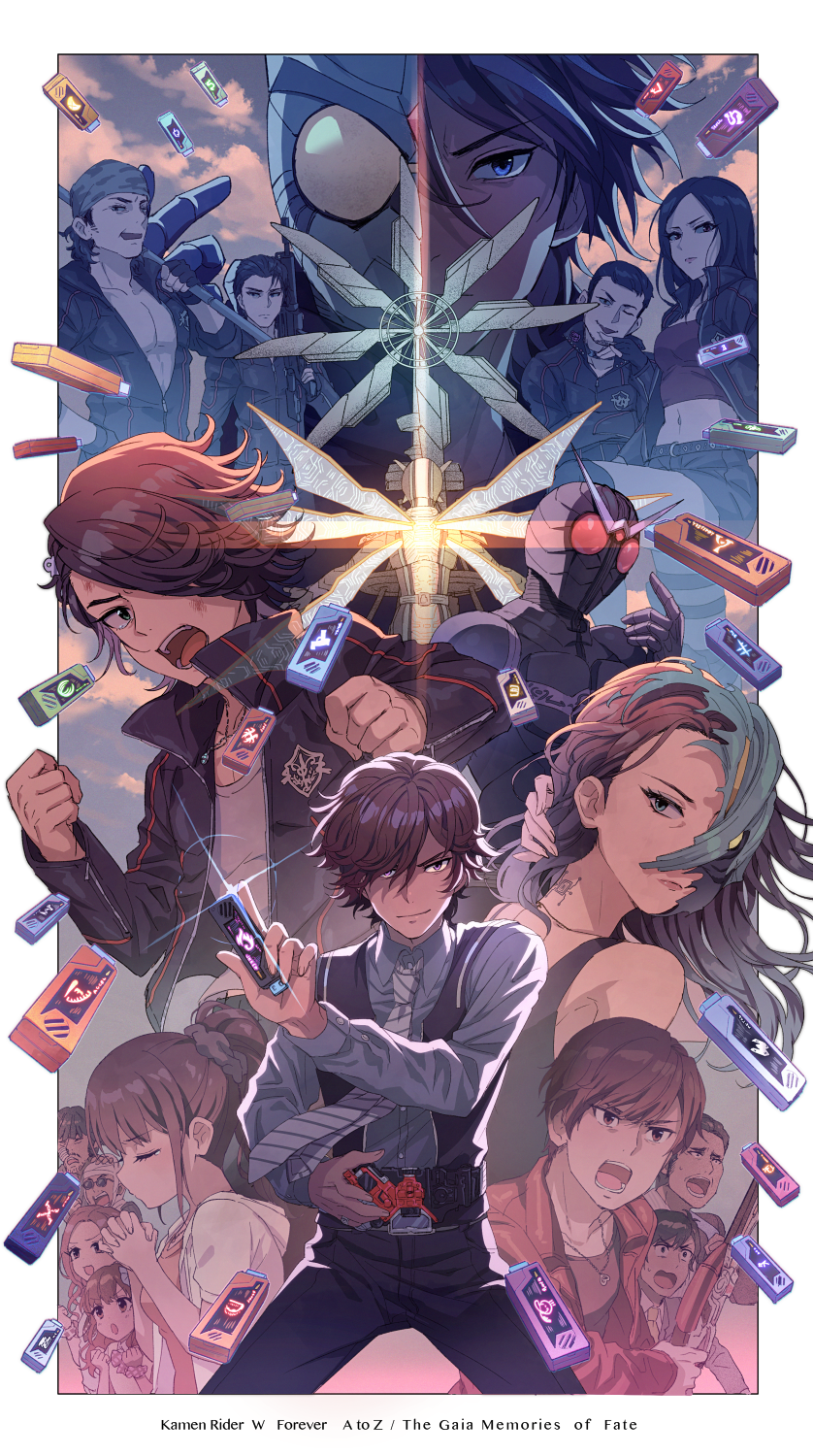 ashihara_ken, border, copyright_name, cyclone_dopant, daido_katsumi, daido_maria, domoto_gozo, gaia_memory, hanehara_reika, henshin, hidari_shoutarou, highres, izumi_kyosui, jacket, jewelry, jinno_mikio, kamen_rider, kamen_rider_double, kamen_rider_eternal, kamen_rider_joker, kamen_rider_w, kamen_rider_w_forever:_a_to_z/the_gaia_memories_of_fate, narumi_akiko, necktie, pendant, philip_(kamen_rider), praying, rider_belt, scrunchie, shinonoko_(tubamecider), staff, sword, terui_ryuu, weapon, white_border, wind_turbine, windmill