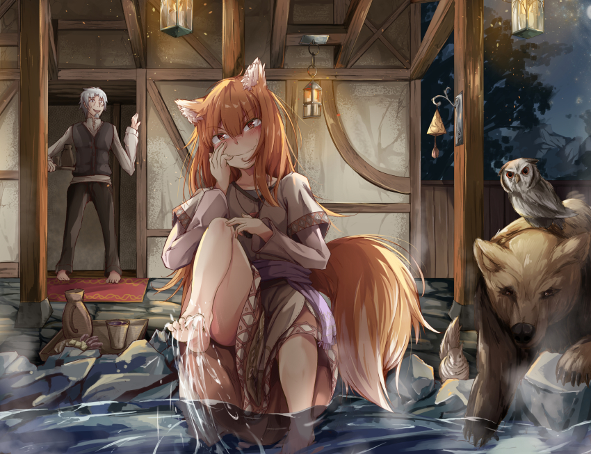 1boy, 1girl, animal_ears, barefoot, bear, bird, brown_hair, commentary_request