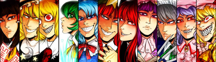 black_hair, blonde_hair, blue_hair, cirno, crazy_eyes, crazy_smile, daiyousei, embodiment_of_scarlet_devil