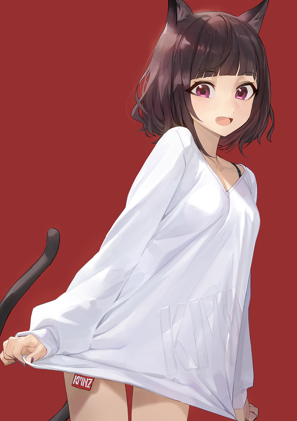 1girl, animal_ears, blunt_bangs, bob_cut, bra_strap, breasts, brown_hair, cat_ears