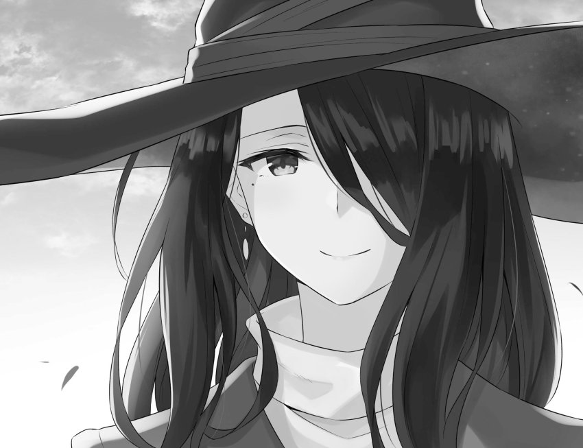 1girl, azuuru, female_focus, fran_(majo_no_tabitabi), greyscale, hair_over_one_eye, hat, highres