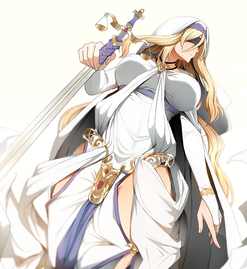 10s, 1girl, blindfold, blonde_hair, breasts, breasts_apart, bridal_gauntlets, cloak, dress, dutch_angle, facing_away, female_focus, goblin_slayer!, gold_trim, groin, habit, holding, holding_sword, holding_weapon, jewelry, large_breasts, long_hair, navel, necklace, no_bra, no_panties, nun_headdress, pelvic_curtain, ryu_jiao, sidelocks, simple_background, solo, sword, sword_maiden, underbust, very_long_hair, weapon, white_background, white_cloak, white_dress