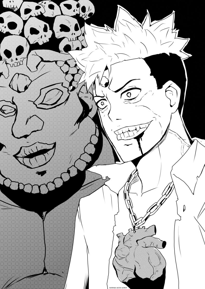 1boy, absurdres, blood, blood_from_mouth, burningmoonworks, close-up, demon, evil_eyes