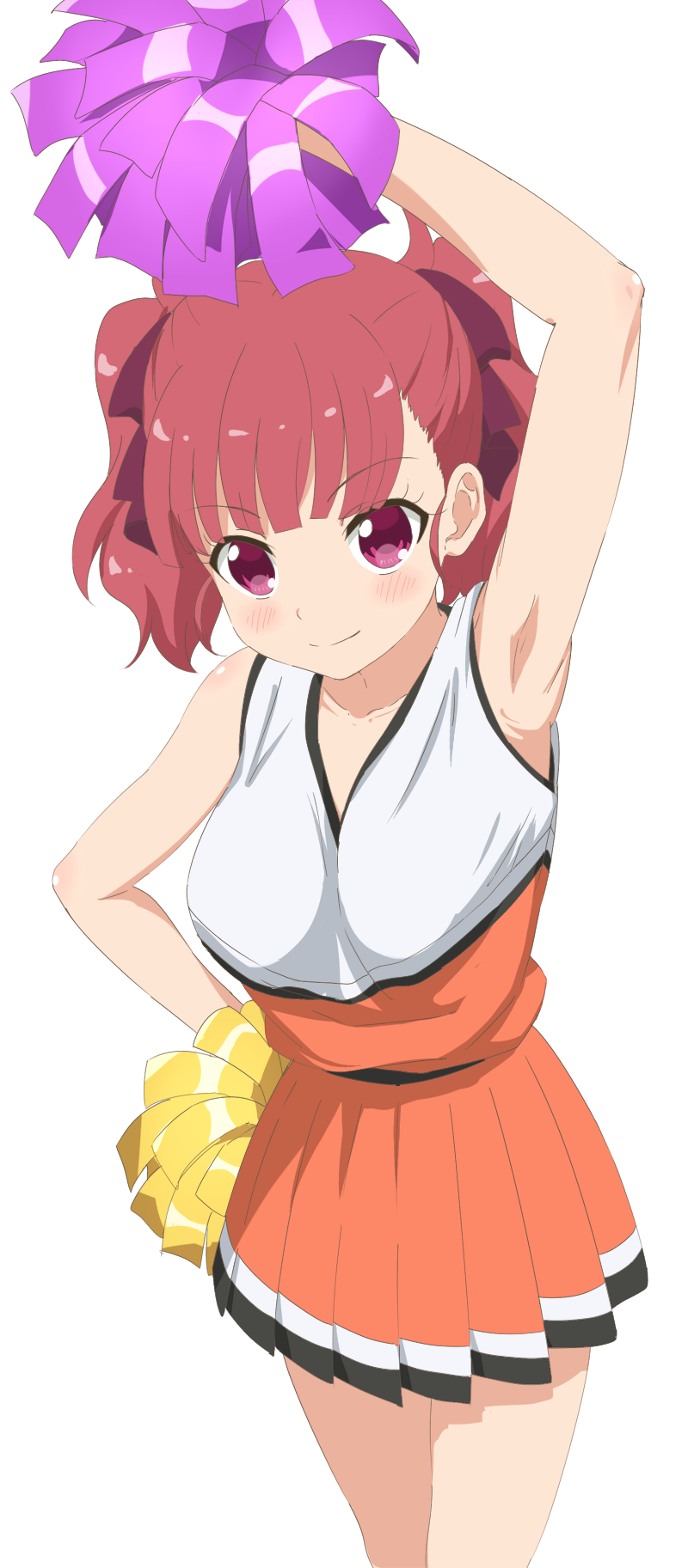 10s, 1girl, anima_yell!, arm_up, armpits, blunt_bangs, blush, breasts, cheerleader, female_focus, hair_ribbon, hand_on_own_hip, highres, looking_at_viewer, medium_breasts, miniskirt, orange_skirt, pleated_skirt, pom_pom_(cheerleading), purple_eyes, purple_ribbon, red_hair, ribbon, simple_background, sincos, skirt, smile, solo, tank_top, twintails, ushiku_kana, white_background