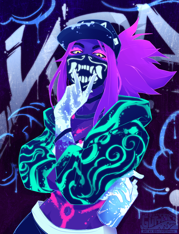 1girl, akali, baseball_cap, bodypaint, bracelet, commentary, covered_mouth, cropped_jacket, crossed_arms, cunnilingus_gesture, english_commentary, female_focus, graffiti, guttertongue, hat, hood, hooded_jacket, idol, inverted_colors, jacket, jewelry, k/da_(league_of_legends), k/da_akali, league_of_legends, looking_at_viewer, mask, medium_hair, midriff, mouth_mask, navel, neon, purple_hair, solo, spray_can, toned, ultraviolet_light, yellow_eyes