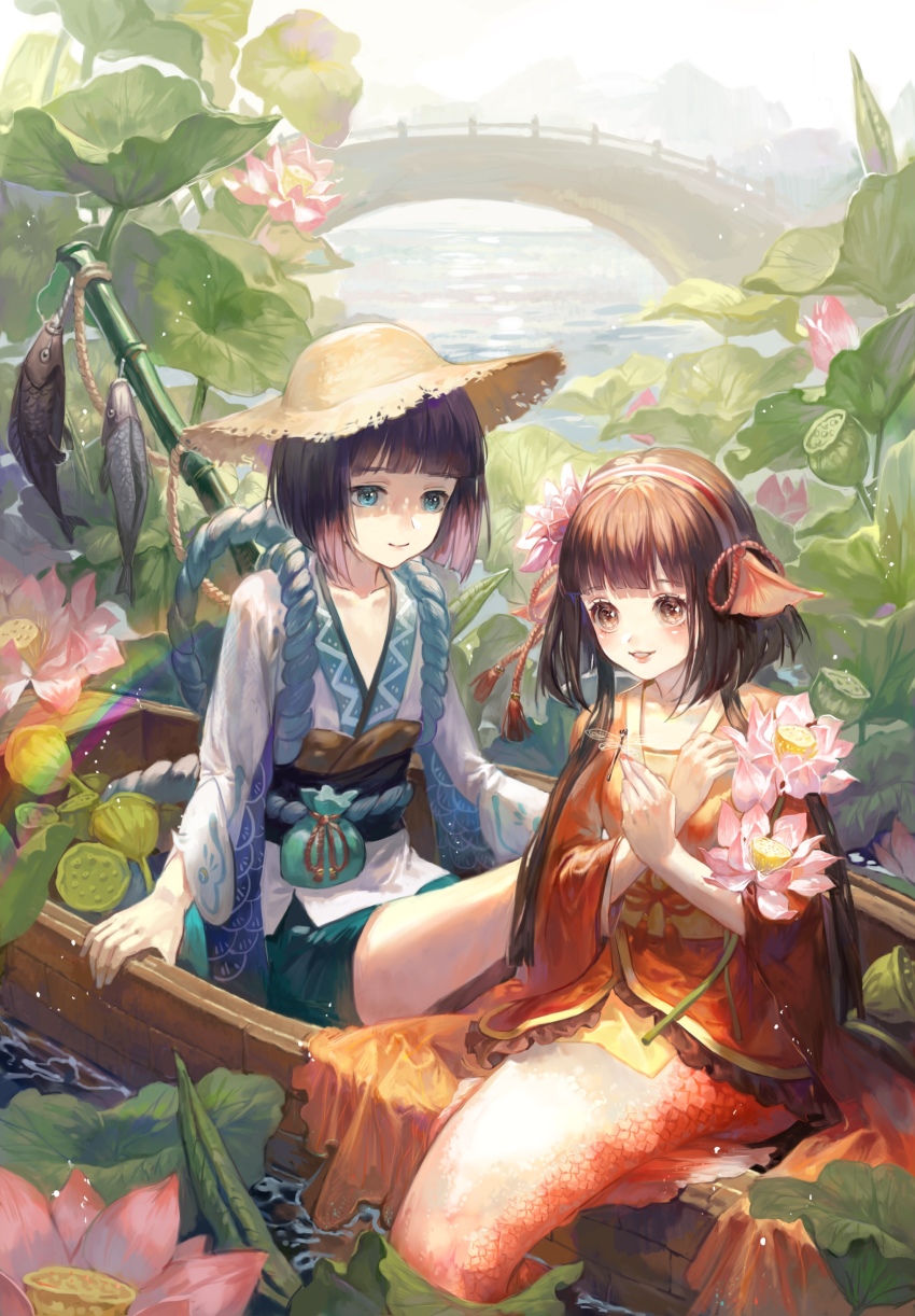 1boy, 1girl, absurdres, alternate_form, animal_ears, bad_id, bad_pixiv_id, blunt_bangs, blush, boat, bob_cut, bridge, brown_hair, bug, chinese_clothes, closed_mouth, commentary, day, dragonfly, fins, fish, flower, frilled_kimono, frills, green_eyes, hair_flower, hair_ornament, hairband, hat, head_fins, highres, horizon, insect, insect_on_finger, japanese_clothes, kappa_(onmyoji), kimono, koi_(onmyoji), leaf, lily_pad, long_sleeves, looking_at_viewer, lotus, lotus_pod, maccha_(mochancc), mermaid, monster_girl, obi, onmyoji, orange_hair, outdoors, parted_lips, partially_submerged, pink_flower, purple_hair, rainbow, river, rope, rowboat, sash, short_hair, short_hair_with_long_locks, sidelocks, sitting, smile, straw_hat, sun_hat, tassel, tasuki, water, watercraft, wide_sleeves, yellow_eyes