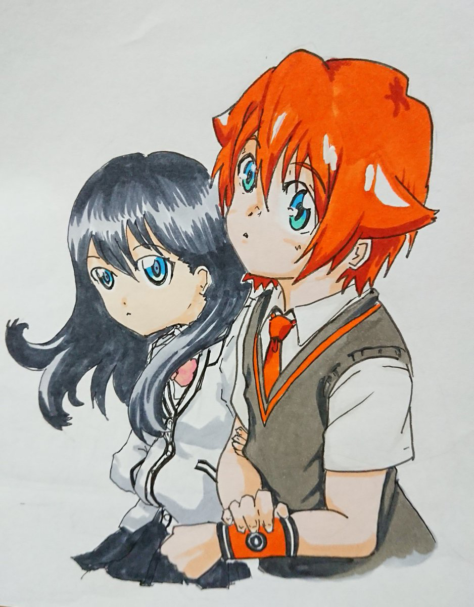 10s, 1boy, 1girl, black_hair, black_pants, black_skirt, blue_eyes, bow, bowtie, breasts, cardigan, collared_shirt, couple, gridman_universe, hetero, hibiki_yuuta, highres, long_hair, long_sleeves, medium_breasts, miniskirt, necktie, orange_scrunchie, pants, pleated_skirt, red_bow, red_hair, red_neckwear, school_uniform, scrunchie, shirt, short_hair, short_sleeves, skirt, ssss.gridman, sweater, takarada_rikka, thighs, vest, waistcoat, white_cardigan, white_shirt, white_sweater, wing_collar, wrist_scrunchie, yuta