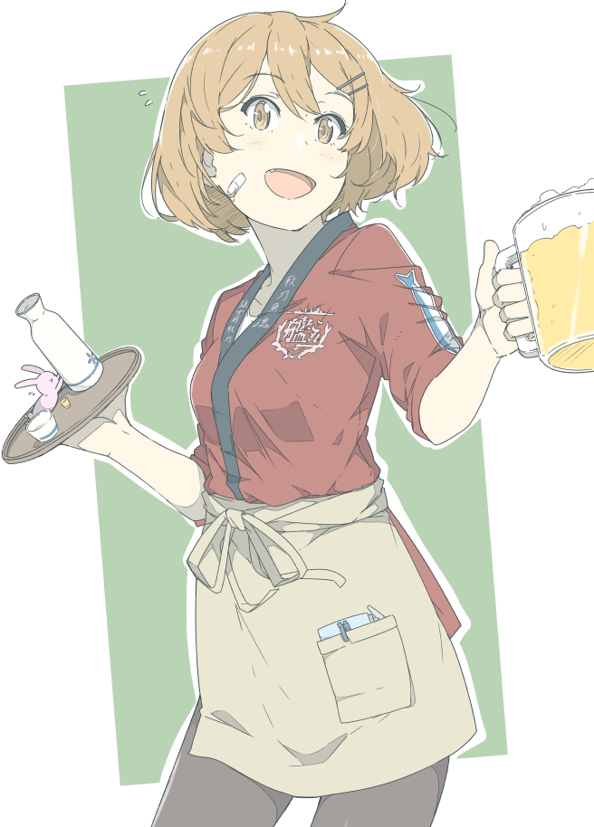 1girl, alcohol, apron, bad_id, bad_pixiv_id, bandaid, bandaid_on_face, beer