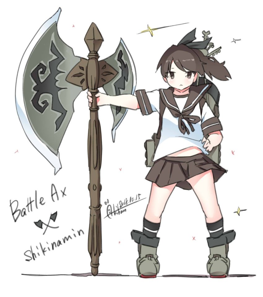 1girl, axe, battle_axe, brown_eyes, brown_hair, brown_skirt, female_focus, hair_ribbon