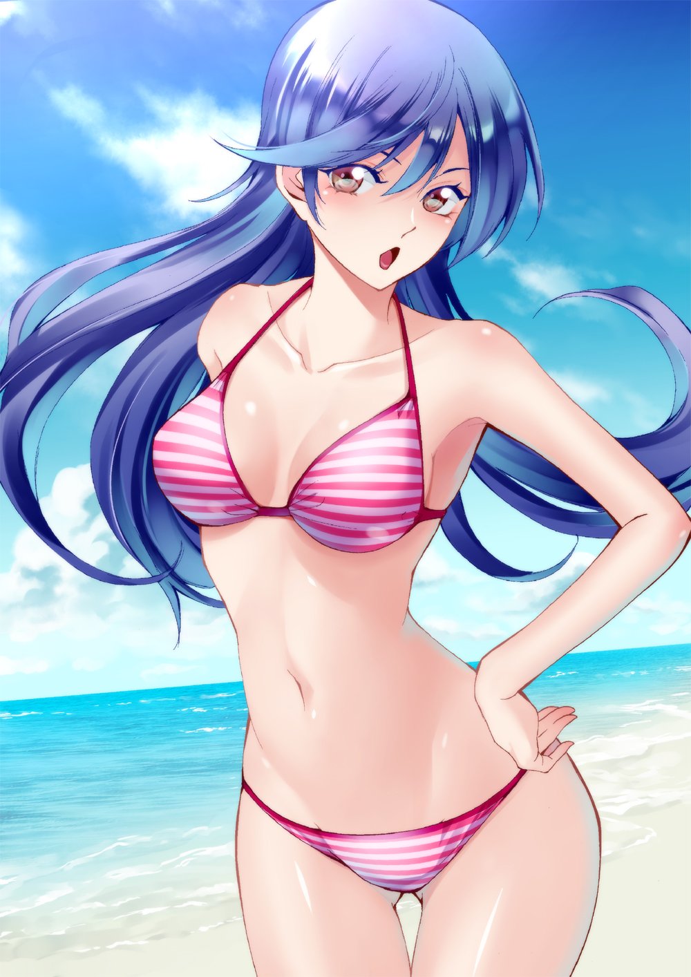 1girl, beach, bikini, blue_hair, blue_sky, breasts, brown_eyes, cleavage, cloud, collarbone, cowboy_shot, day, eba_yuzuki, female_focus, floating_hair, gluteal_fold, groin, hair_between_eyes, hand_on_own_hip, highres, kimi_no_iru_machi, long_hair, medium_breasts, navel, ocean, official_art, open_mouth, outdoors, seo_kouji, sky, solo, standing, striped_bikini, striped_clothes, swimsuit, thigh_gap, very_long_hair