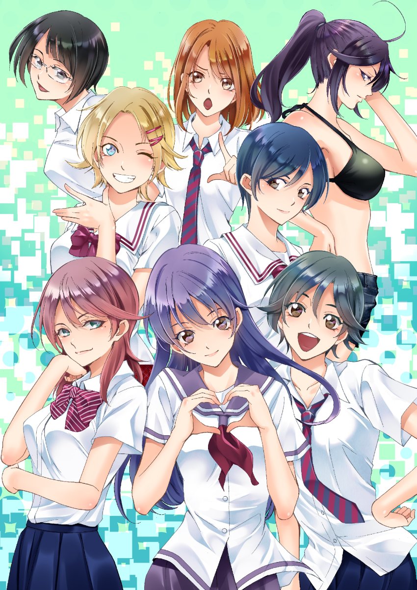 6+girls, absurdres, ahoge, bikini, bikini_top_only, black_bikini, black_eyes, black_hair