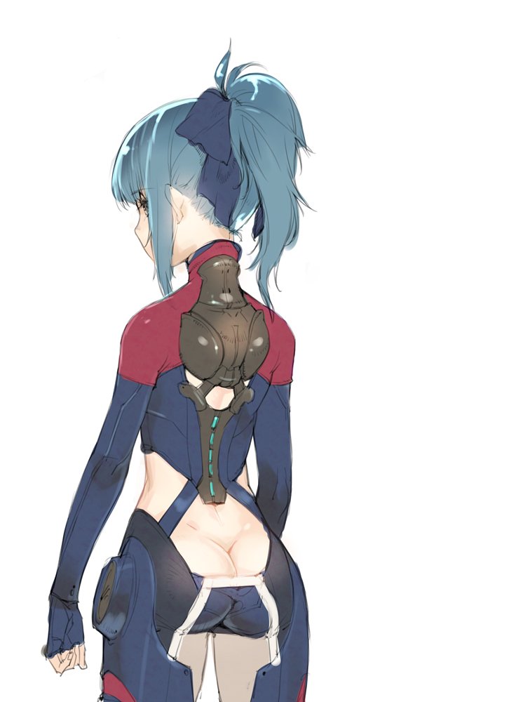 1girl, alice_gear_aegis, ass, ass_cutout, blue_bow, blue_gloves, blue_hair, blue_shorts