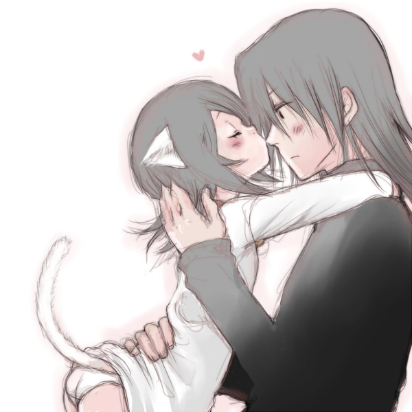 00s, 1boy, 1girl, air-bird, animal_ears, bad_id, bad_pixiv_id, bleach, blush, cat_ears, cat_tail, heart, hetero, kiss, kuchiki_byakuya, kuchiki_rukia, nagumo_kuu, panties, shirt, tail, underwear, white_panties, white_shirt