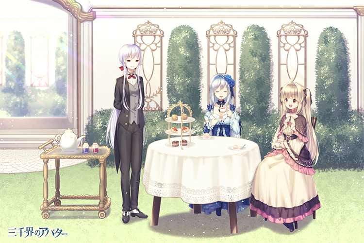 3girls, ahoge, black_pants, blonde_hair, blue_dress, blue_hairband, bow, bush