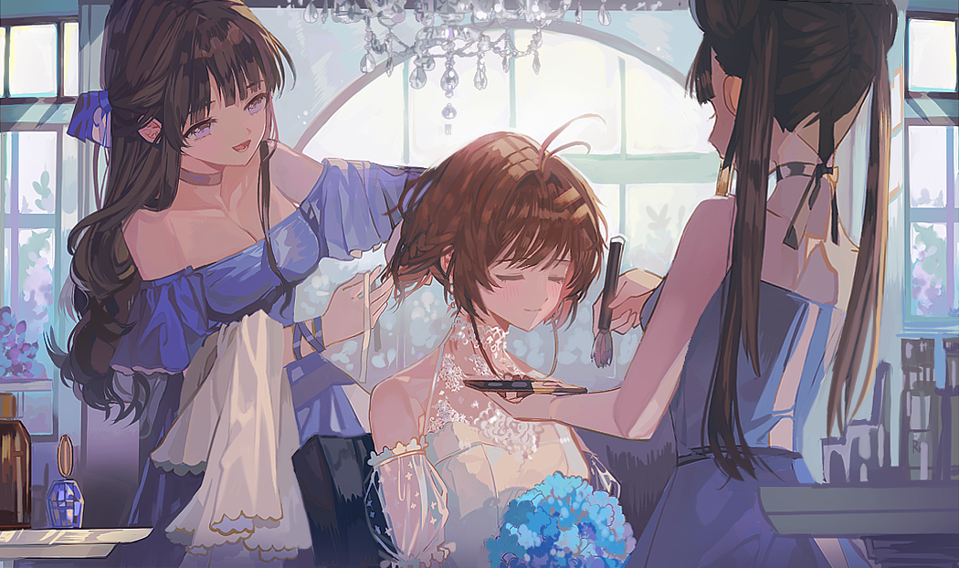 3girls, aged_up, antenna_hair, black_hair, blue_eyes, blunt_bangs, blush, bouquet