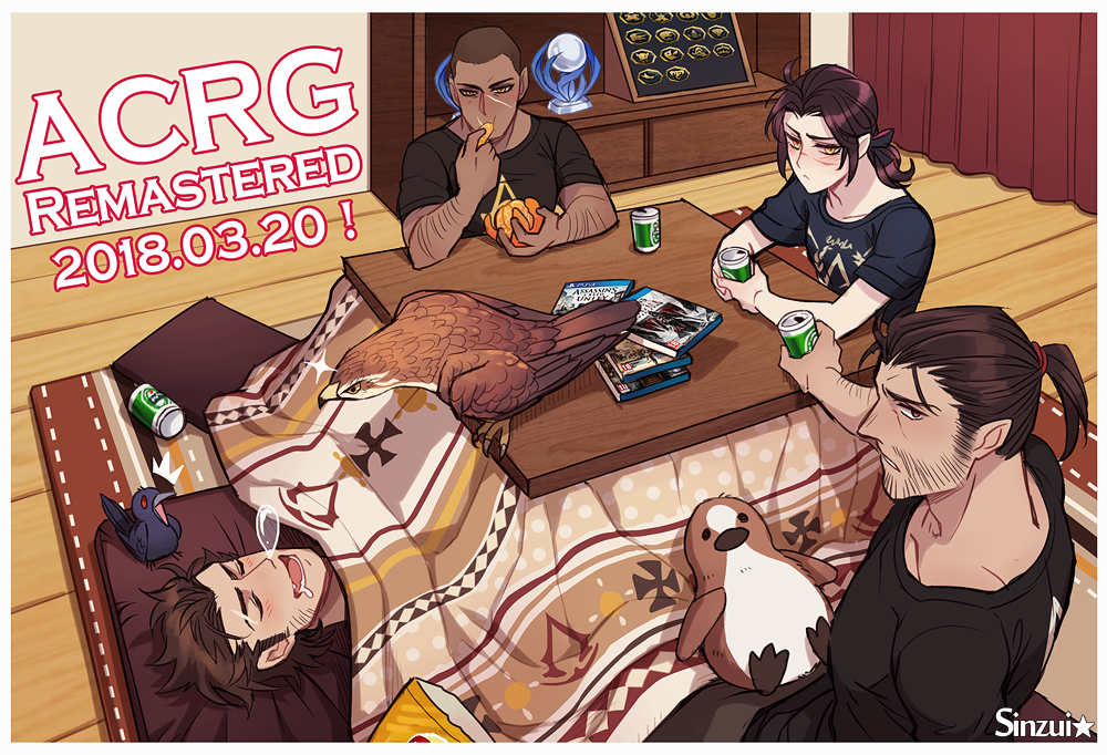 4boys, alcohol, alternate_costume, arno_dorian, artist_name, assassin's_creed:_origins, assassin's_creed:_rogue, assassin's_creed:_syndicate