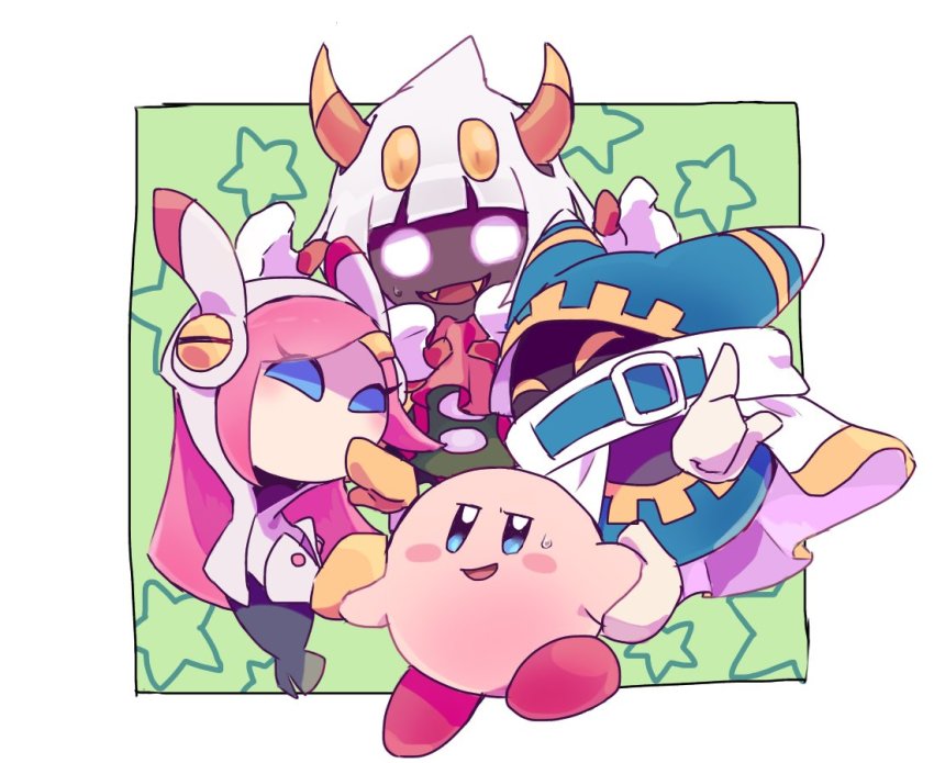 1girl, 3boys, covered_mouth, kirby, kirby:_planet_robobot, kirby_star_allies, kirby_(series), magolor