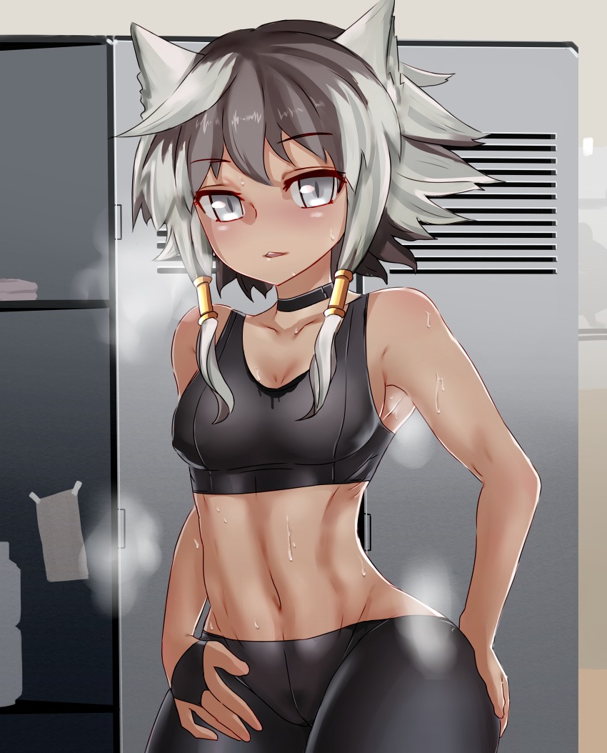 1girl, absurdres, animal_ears, armpits, bike_shorts, bottle, breasts, breath, brown_hair, chinese_commentary, choker, cleavage, collarbone, commentary_request, covered_erect_nipples, dark-skinned_female, dark_skin, female_focus, grey_eyes, hair_tubes, hand_on_own_ass, highres, jackal_(warship_girls_r), jackal_ears, locker, locker_room, looking_at_viewer, medium_breasts, midriff, multicolored_hair, navel, no_panties, no_scar, parted_lips, short_hair_with_long_locks, silver_hair, slit_pupils, solo, sports_bra, steam, sweat, towel, two-tone_hair, warship_girls_r, water_bottle, wenzheng147