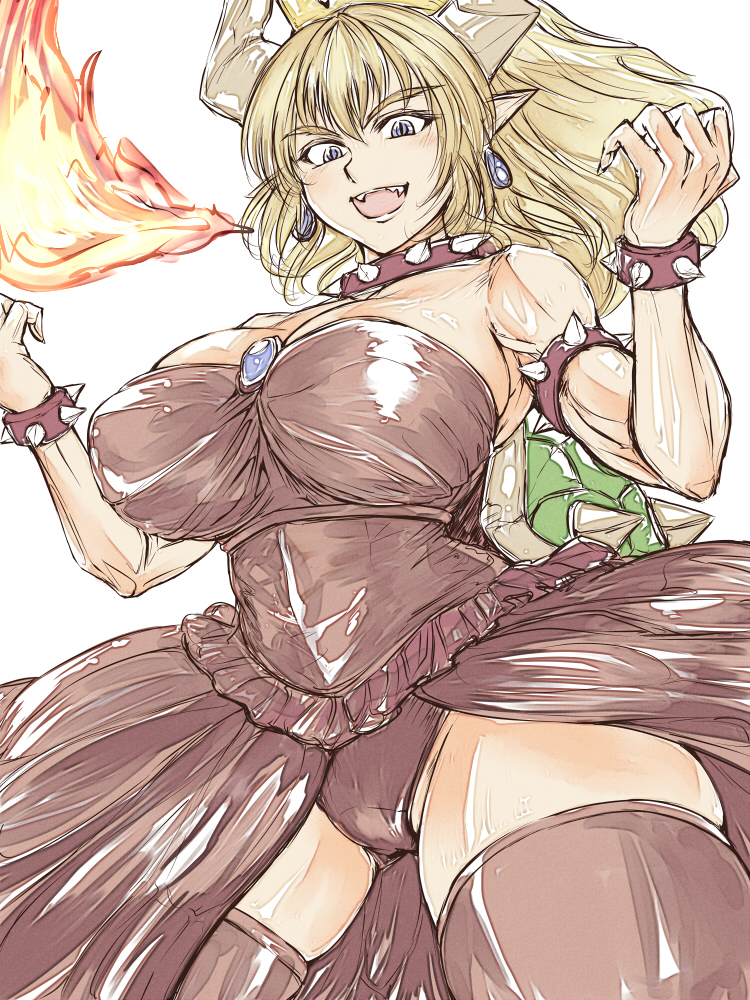 1girl, armlet, black_collar, black_dress, black_leotard, black_thighhighs, blonde_hair, bowsette, bracelet, breasts, breath_weapon, breathing_fire, collar, cowboy_shot, crown, dress, earrings, enu_(n_storage), female_focus, fire, from_below, horns, huge_breasts, jewelry, leotard, long_hair, looking_at_viewer, mario_(series), new_super_mario_bros._u_deluxe, nintendo, open_mouth, pointy_ears, sharp_teeth, simple_background, smile, solo, spiked_armlet, spiked_bracelet, spiked_collar, spiked_shell, spikes, strapless, strapless_dress, teeth, thighhighs, turtle_shell, white_background