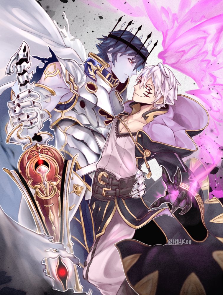 2boys, birthmark, blue_skin, cape, chrom_(fell_exalt)_(fire_emblem), chrom_(fire_emblem), colored_skin, corruption