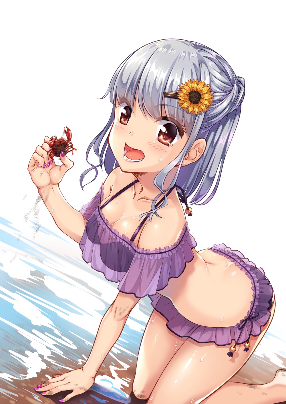 1girl, all_fours, bare_shoulders, barefoot, bikini, breasts, brown_eyes, butt_crack
