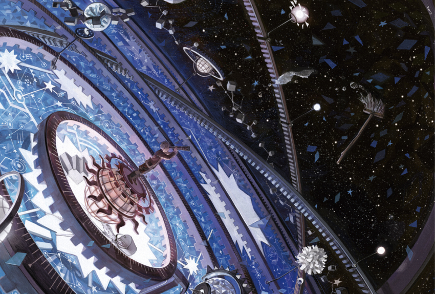 1boy, armillary_sphere, boots, broom, bucket, circle, gears, glass, line_(veritatis), male_focus, original, planet, planetary_ring, short_hair, sime_(echo), solo, stairs, star_(symbol), telescope