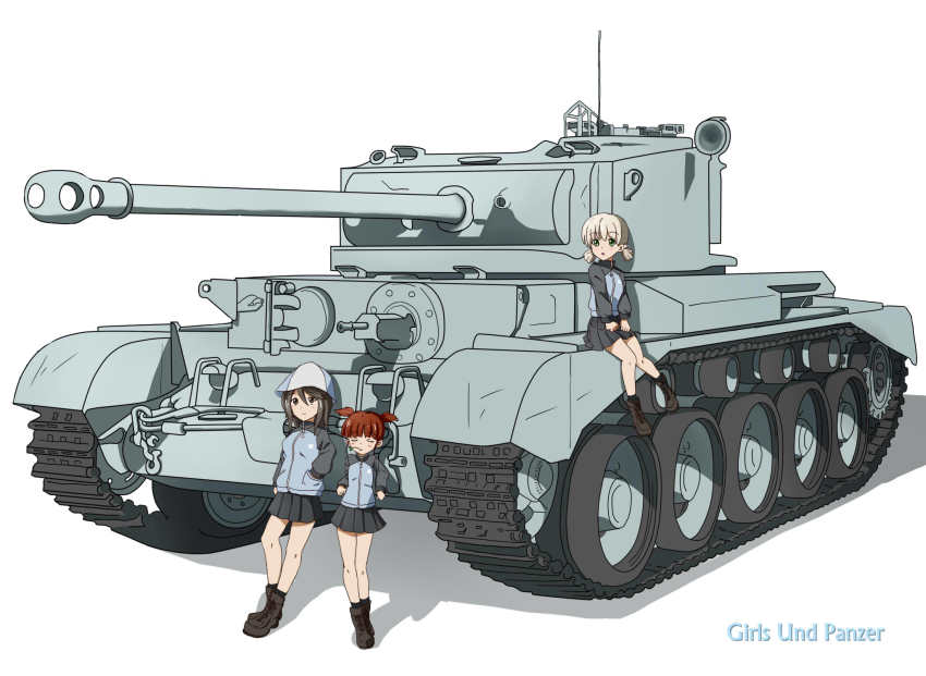 10s, 3girls, aki_(girls_und_panzer), black_eyes, black_hair, blue_headwear, caterpillar_tracks, coat