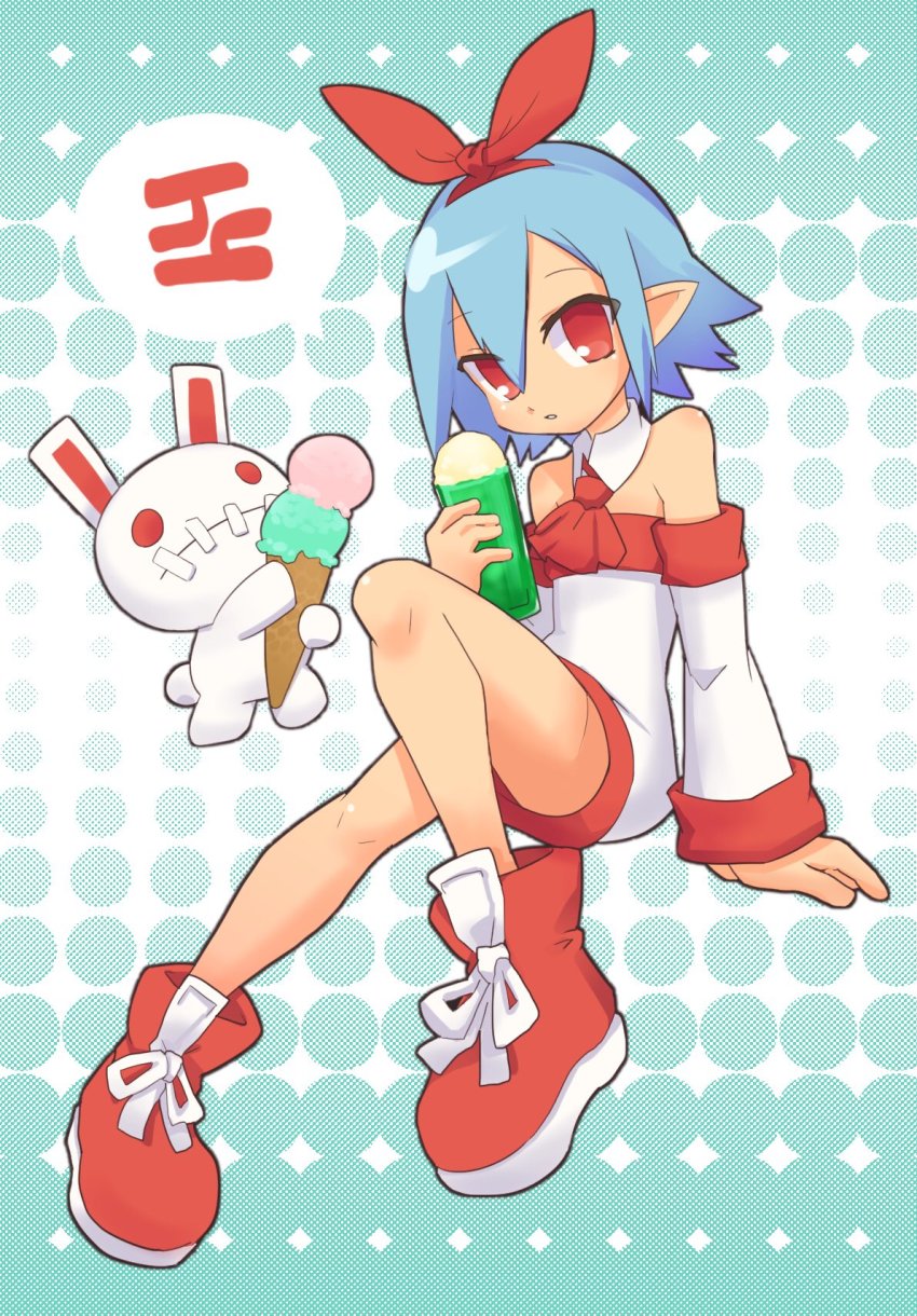 1girl, arm_support, blue_hair, detached_sleeves, disgaea, female_focus, flat_chest, food