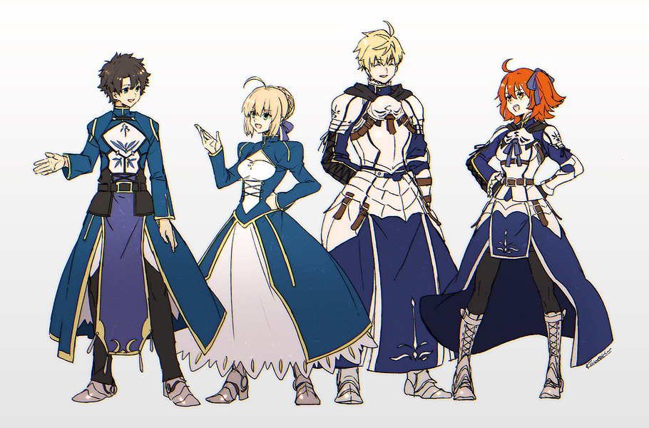 2boys, 2girls, adapted_costume, armored_boots, arthur_pendragon_(fate), arthur_pendragon_(fate)_(cosplay), artoria_pendragon_(fate), belt