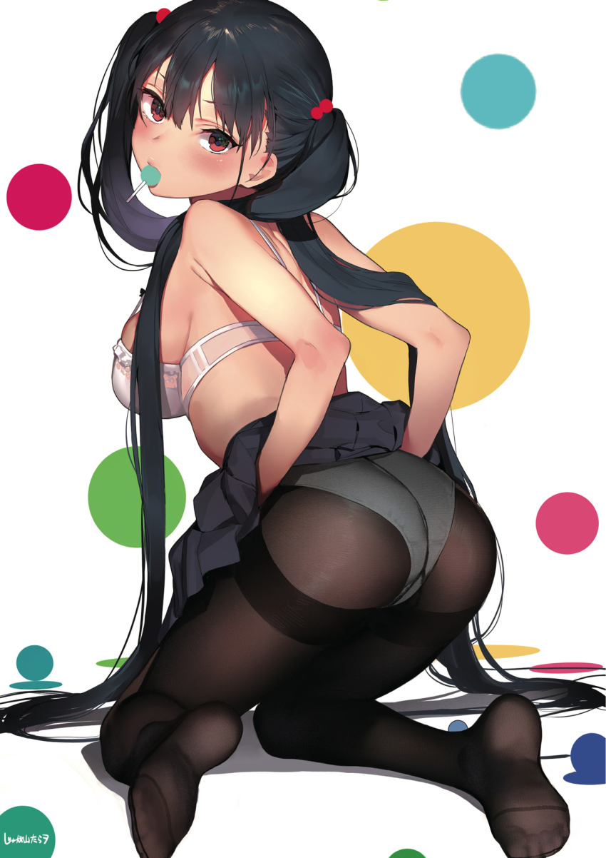 1girl, ass, black_hair, blush, bra, breasts, candy, clothes_lift