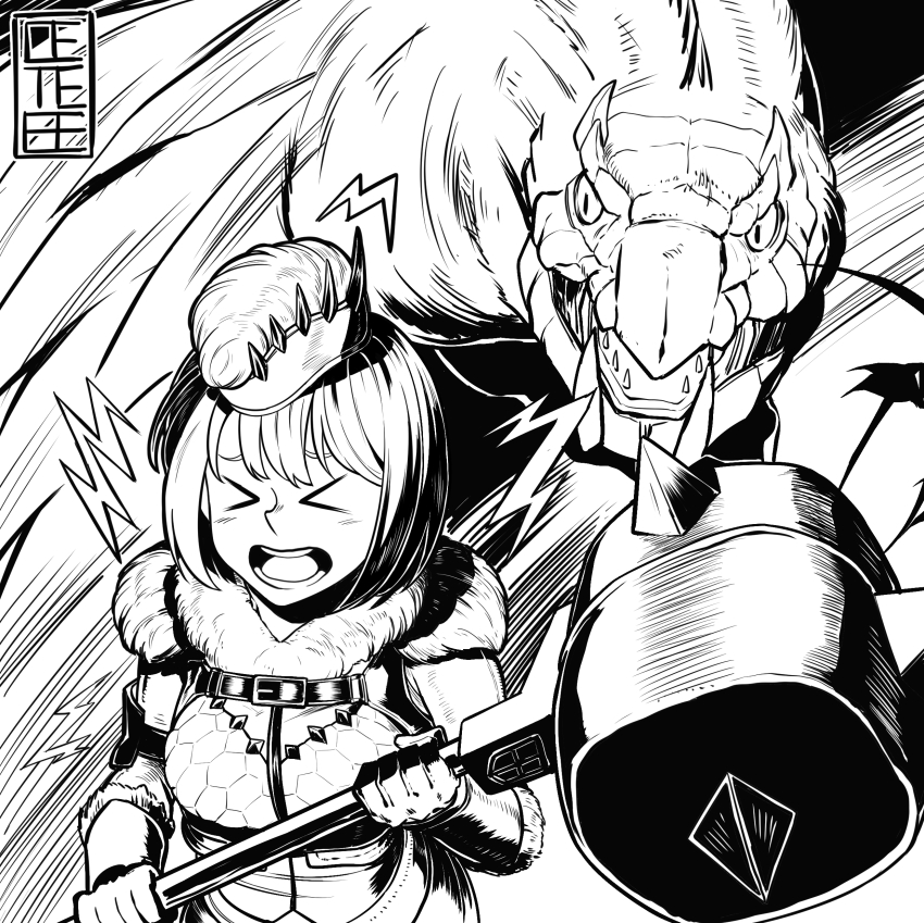 1girl, absurdres, armor, blush, cete_(controllingtime), female_focus, greyscale, hammer