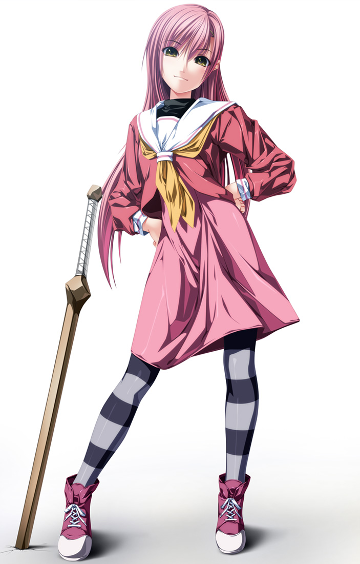 00s, 1girl, bad_id, bad_pixiv_id, bokken, brown_eyes, female_focus, hands_on_own_hips, hayate_no_gotoku!, head_tilt, katsura_hinagiku, long_hair, long_legs, masamune_bokken, pink_hair, planted, planted_sword, planted_weapon, rezi, school_uniform, serafuku, shoes, skirt, smile, sneakers, solo, striped_clothes, striped_thighhighs, sword, thighhighs, weapon, wooden_sword