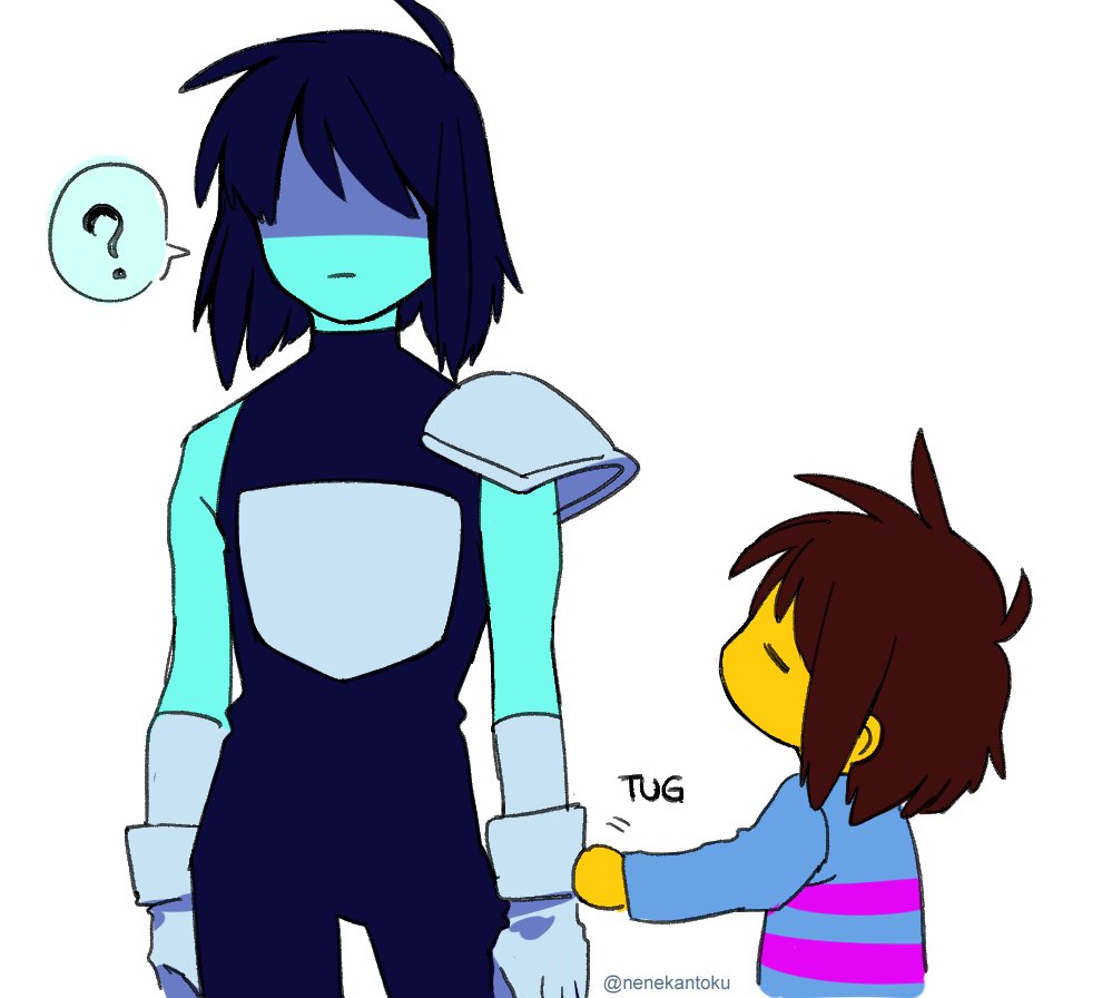 2others, =_=, armor, blue_hair, blue_skin, brown_hair, colored_skin, deltarune