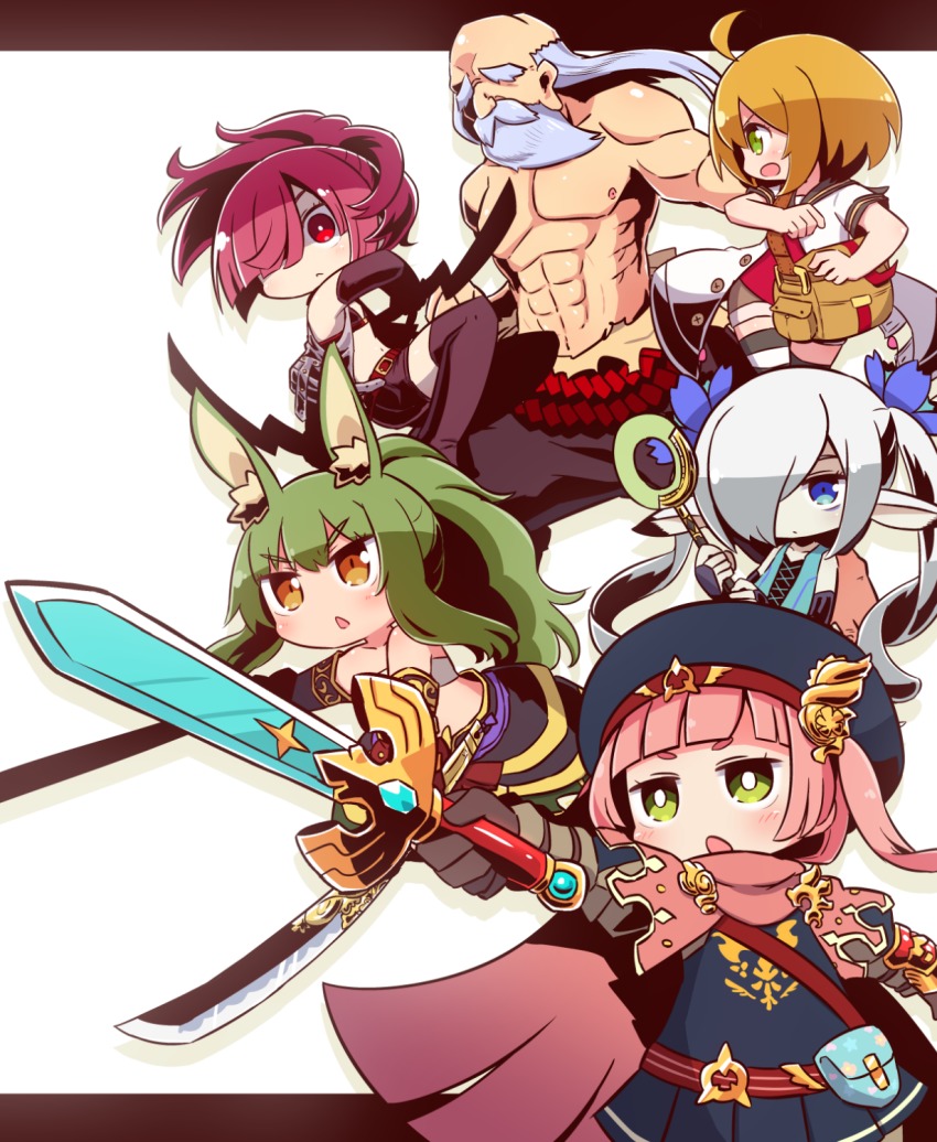 1boy, 5girls, :o, abs, ahoge, animal_ear_fluff, animal_ears, arm_guards