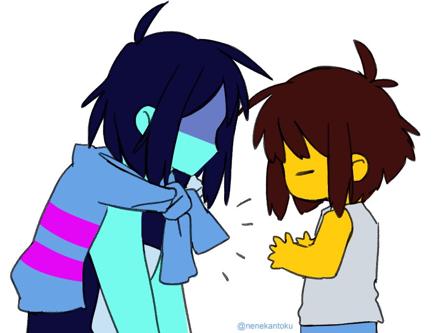 2others, =_=, blue_hair, blue_skin, borrowed_clothes, brown_hair, colored_skin, deltarune