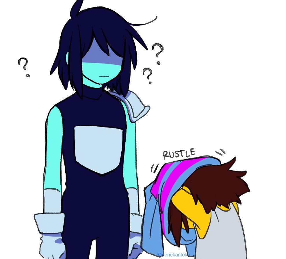 2others, ?, blue_hair, brown_hair, deltarune, english_text, frisk_(undertale), hair_over_eyes