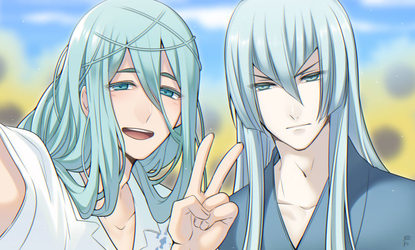 10s, 2boys, :d, aqua_hair, blue_hair, blue_sky, blurry, chiyoganemaru