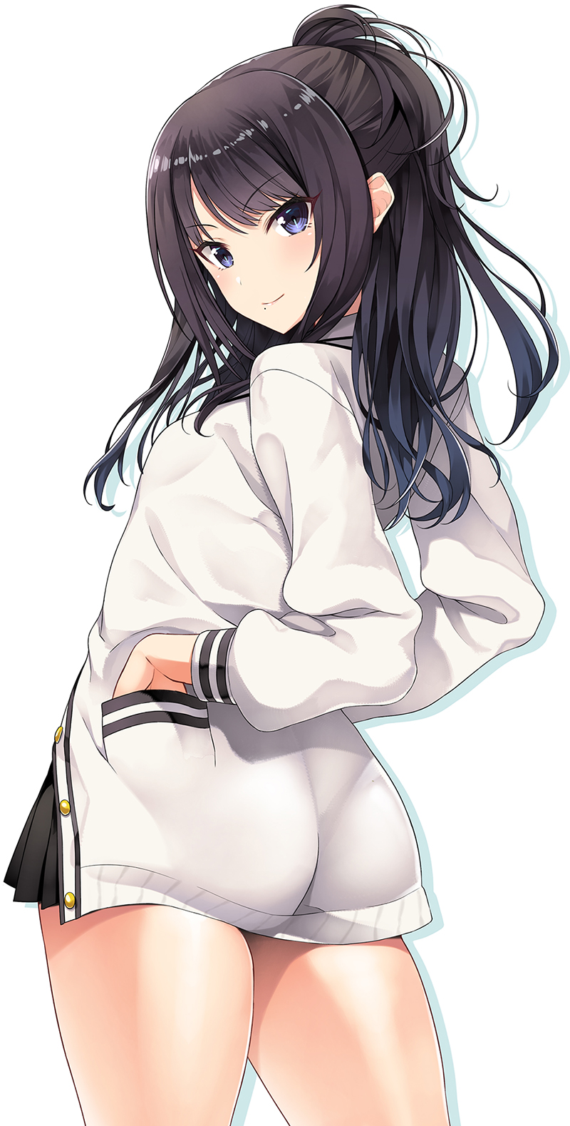 10s, 1girl, black_hair, black_skirt, blue_eyes, blush, cardigan, commentary_request