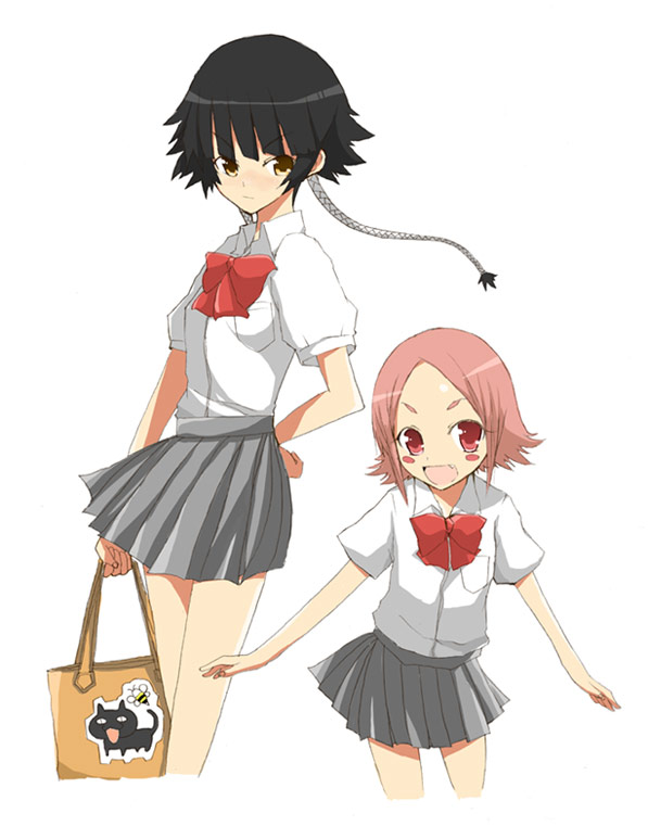 00s, 2girls, bag, black_hair, bleach, fang, karakura_high_school_uniform, kusajishi_yachiru