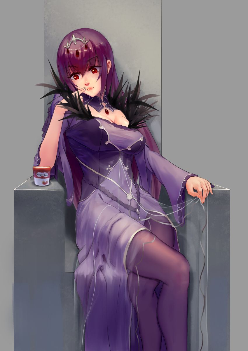 1girl, absurdres, breasts, cleavage, crossed_legs, cup, disposable_cup, disposable_ice_cream_cup