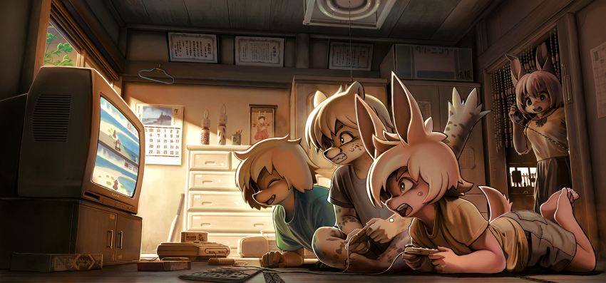 1girl, 3boys, animal_ears, barefoot, child, clenched_teeth, crt, closed_eyes