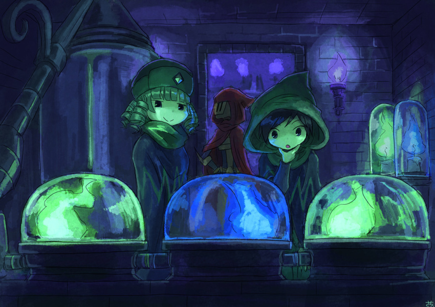 black_hair, dark_acolyte_(shovel_knight), drill_hair, hat, hood, missy_(shovel_knight), open_mouth, sachy_(sachichy)