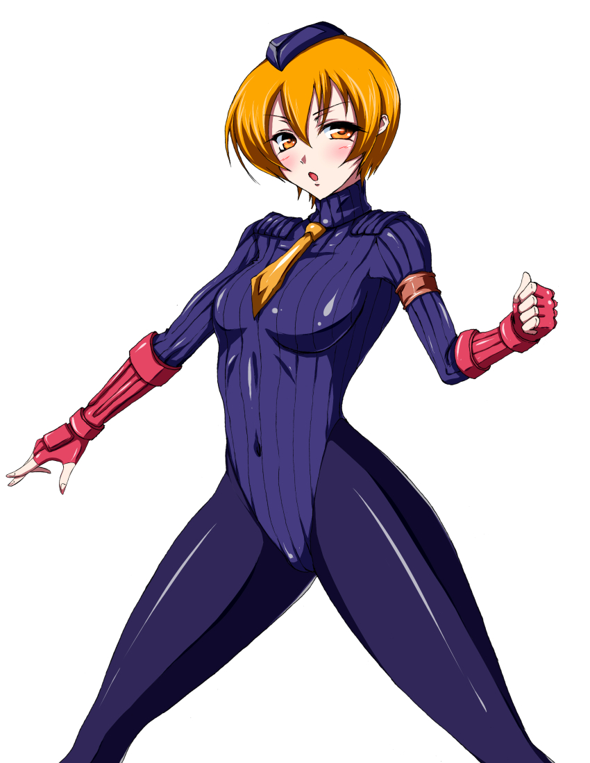 1girl, absurdres, bad_id, bad_pixiv_id, blue_leotard, bodysuit, breasts, capcom, female_focus, highres, iwamoto_eiri, juni_(street_fighter), leotard, muff, pantyhose, short_hair, simple_background, skin_tight, solo, spandex, street_fighter